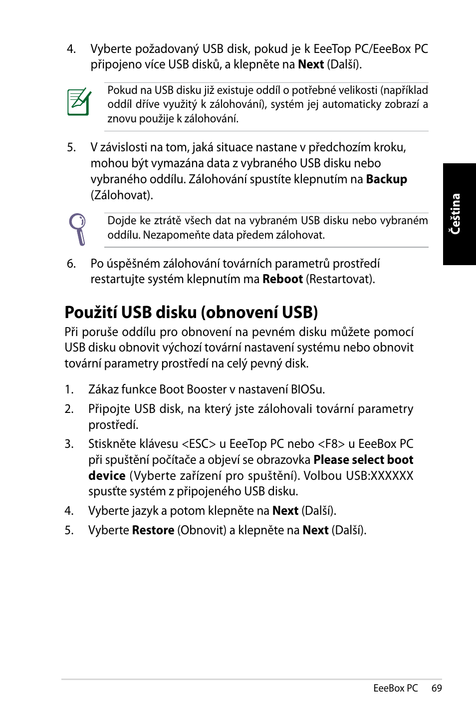 Použití usb disku (obnovení usb) | Asus EB1007 User Manual | Page 69 / 145