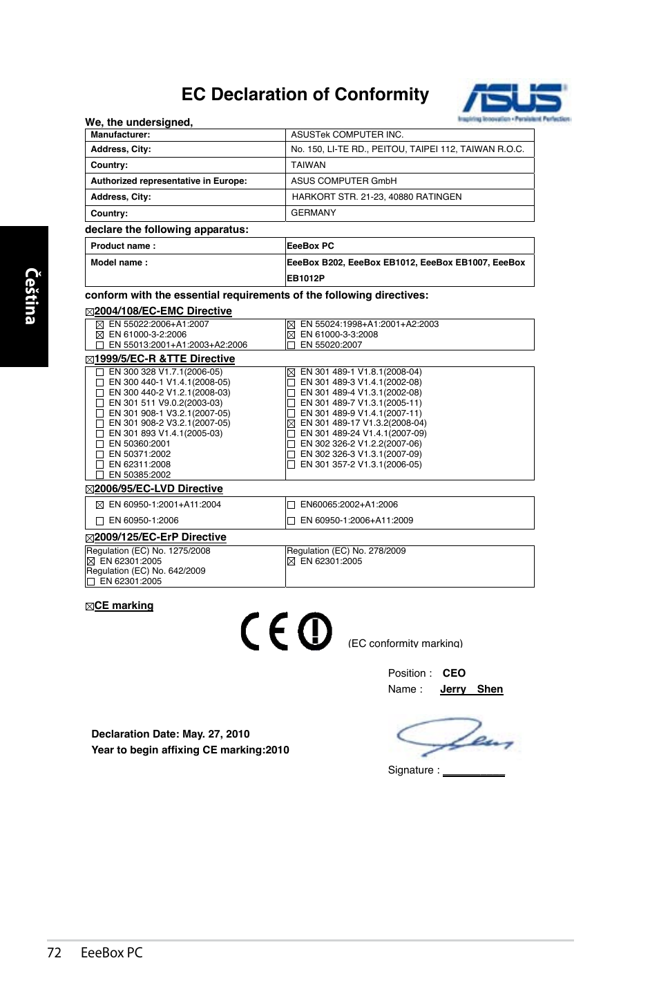 Čeština, Ec declaration of conformity, 72 eeebox pc | Asus EB1007 User Manual | Page 72 / 145