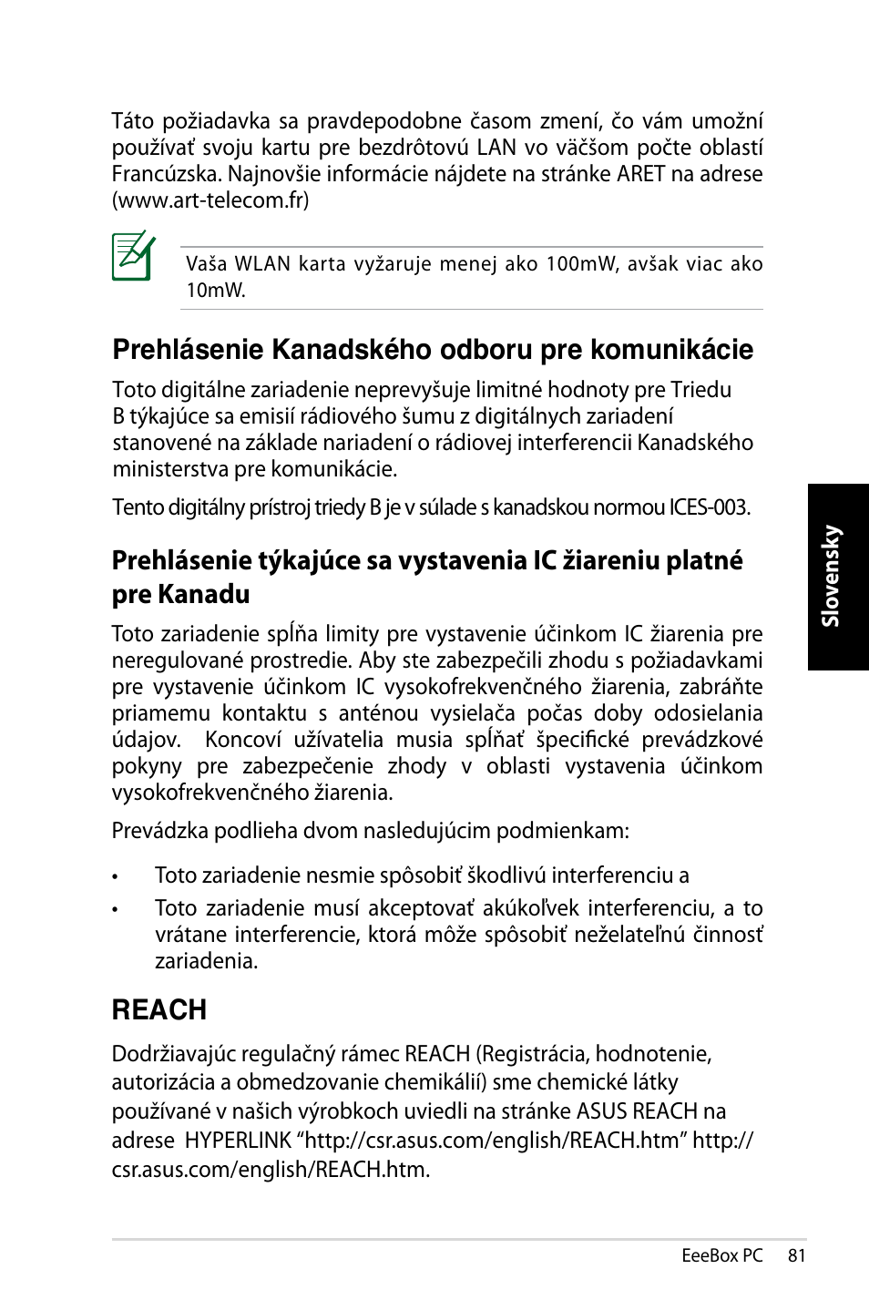 Prehlásenie kanadského odboru pre komunikácie, Reach | Asus EB1007 User Manual | Page 81 / 145
