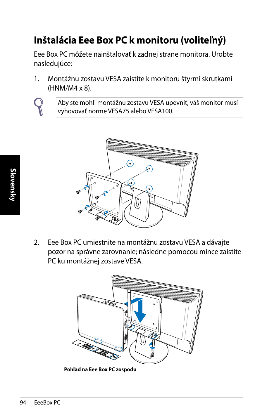 Inštalácia eee box pc k monitoru (voliteľný) | Asus EB1007 User Manual | Page 94 / 145
