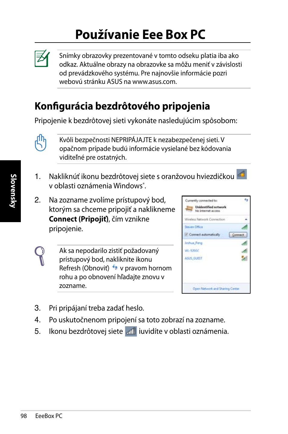 Používanie eee box pc, Konfigurácia bezdrôtového pripojenia | Asus EB1007 User Manual | Page 98 / 145