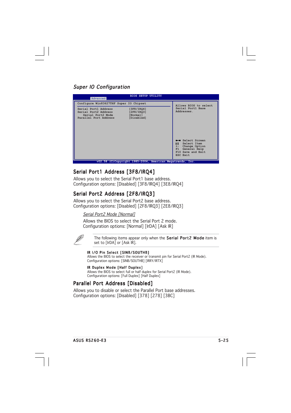 Super io configuration, Serial port2 address [2f8/irq3, Parallel port address [disabled | Asus RS260-E3/RS8 User Manual | Page 107 / 176