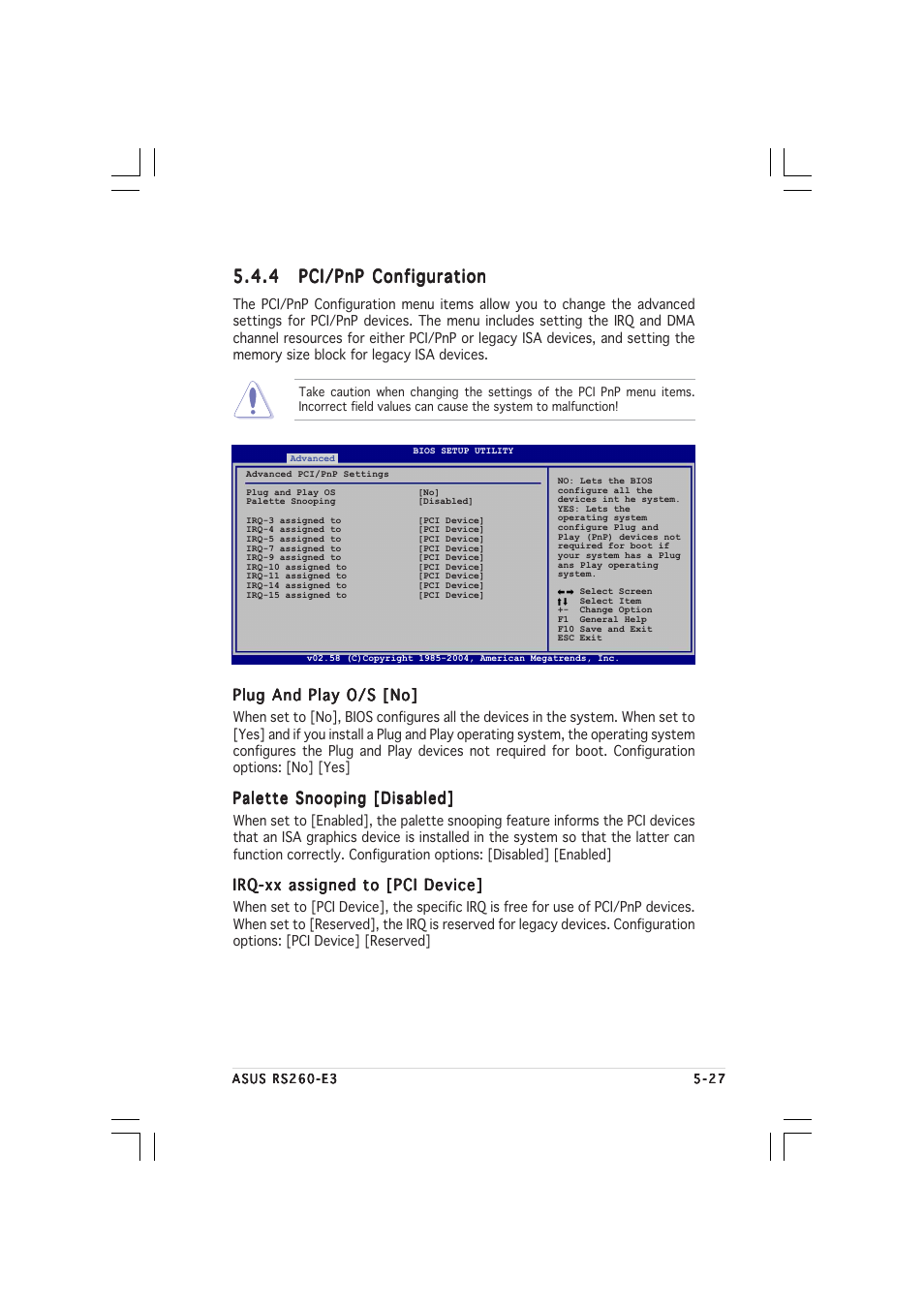 Plug and play o/s [no, Palette snooping [disabled, Irq-xx assigned to [pci device | Asus RS260-E3/RS8 User Manual | Page 109 / 176