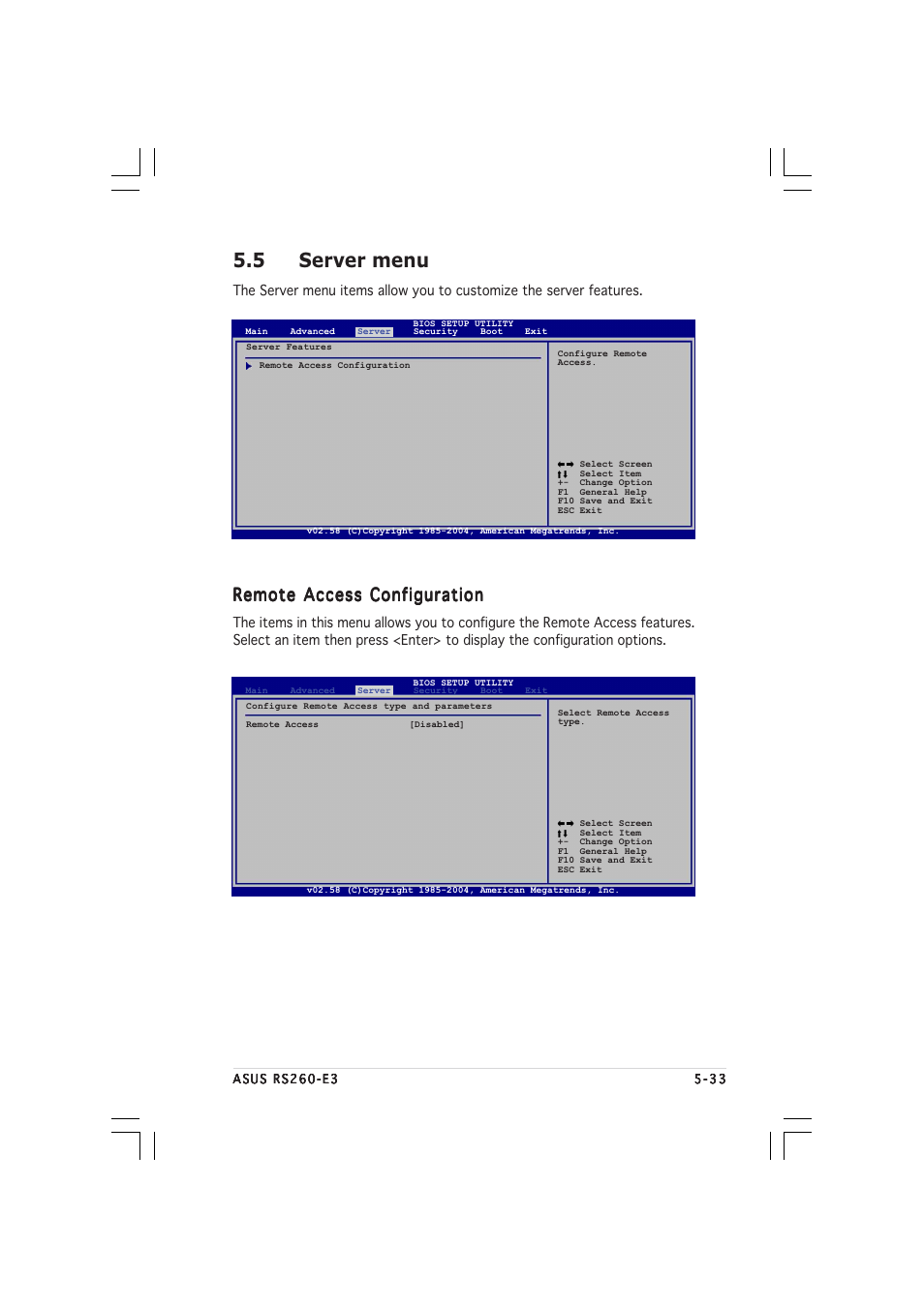 5 server menu, Remote access configuration | Asus RS260-E3/RS8 User Manual | Page 115 / 176