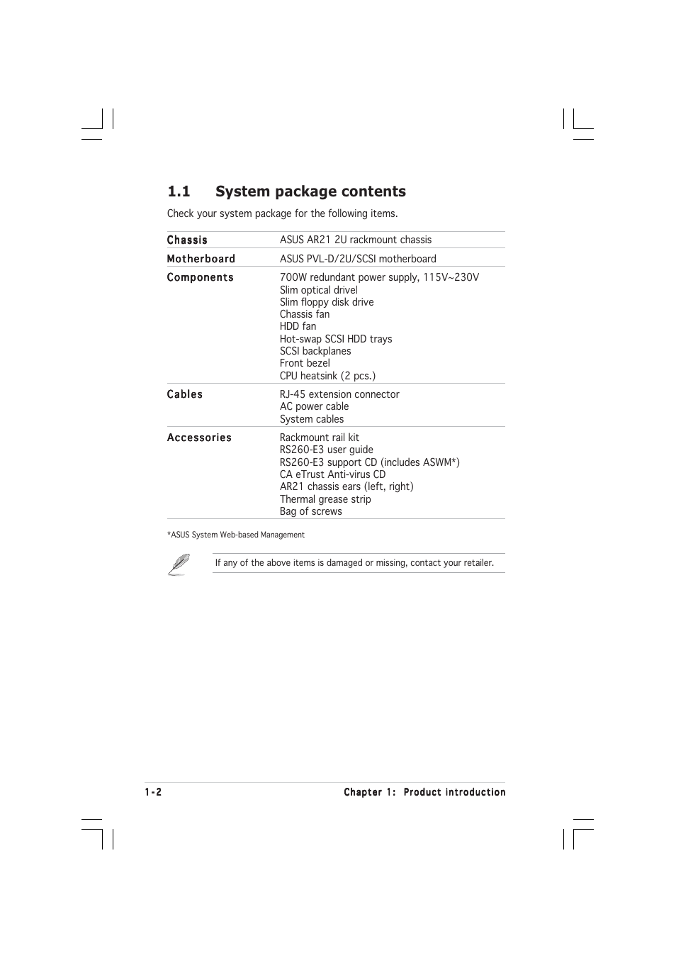 1 system package contents | Asus RS260-E3/RS8 User Manual | Page 12 / 176