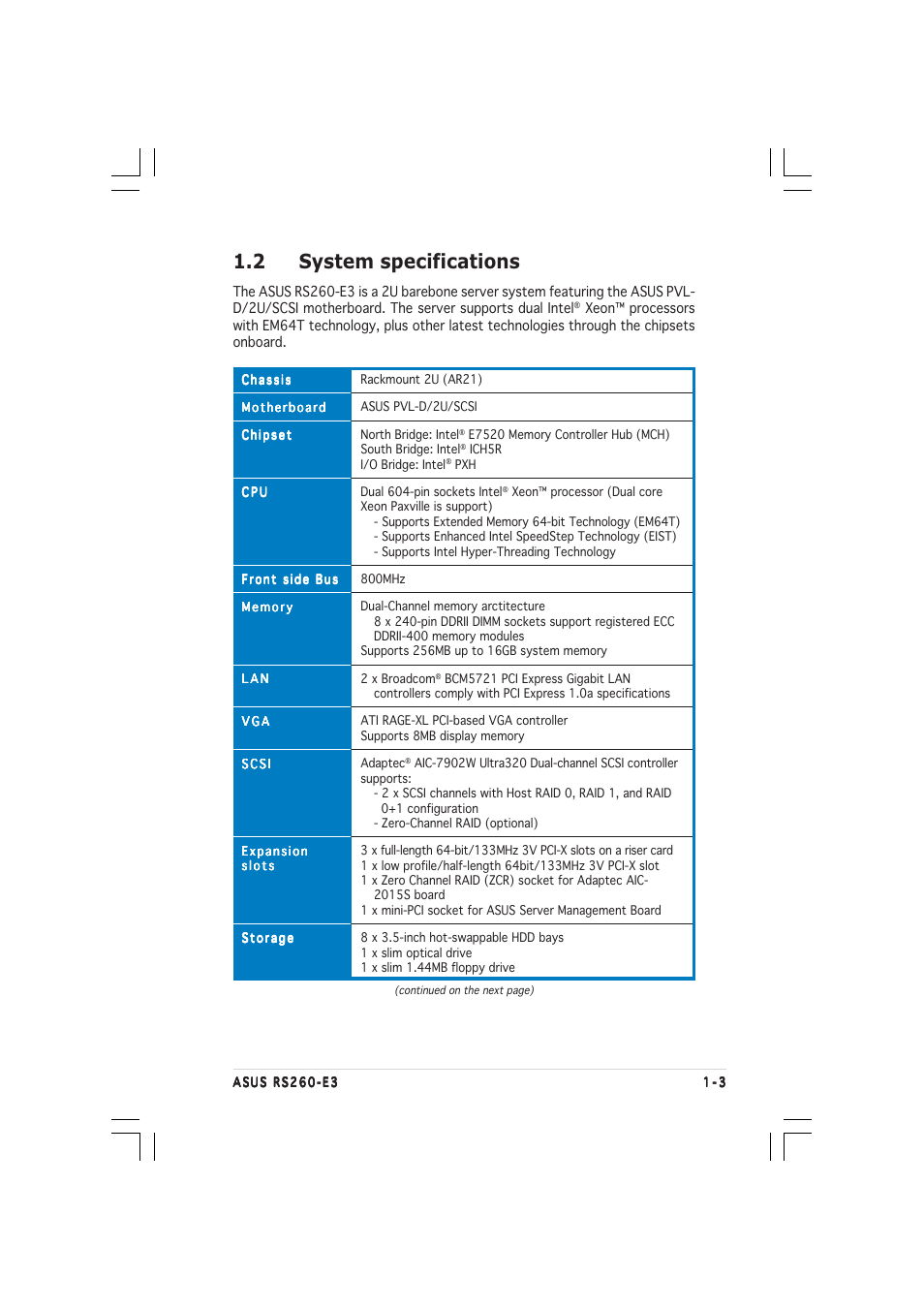 2 system specifications | Asus RS260-E3/RS8 User Manual | Page 13 / 176