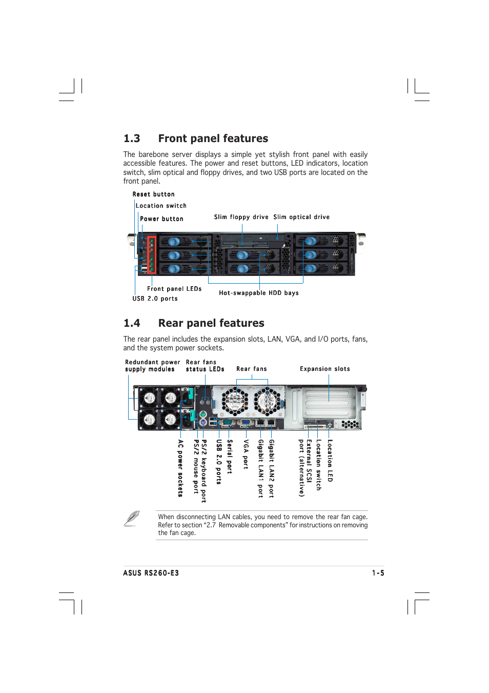 3 front panel features, 4 rear panel features | Asus RS260-E3/RS8 User Manual | Page 15 / 176
