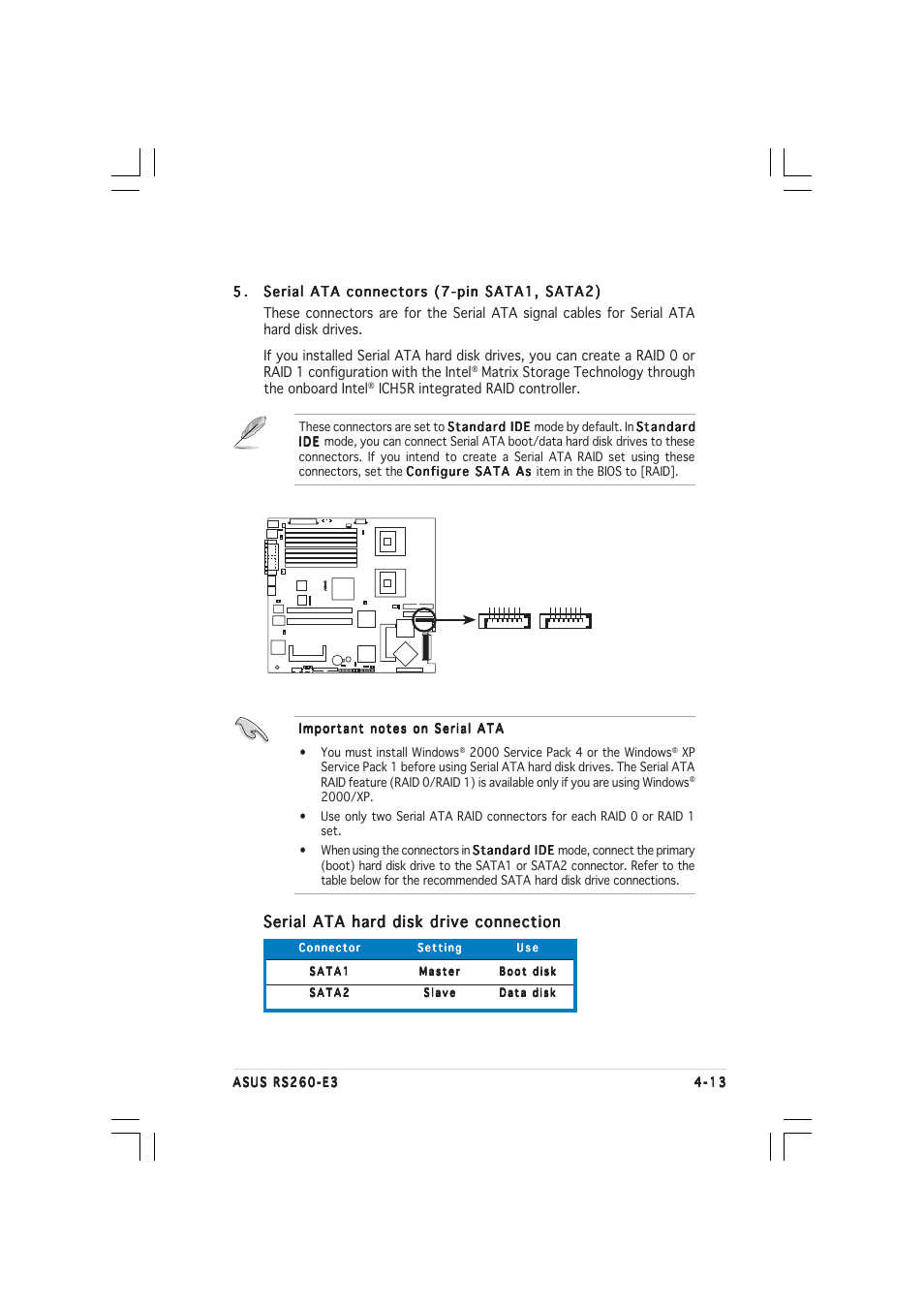 Serial ata hard disk drive connection, Ich5r integrated raid controller | Asus RS260-E3/RS8 User Manual | Page 77 / 176