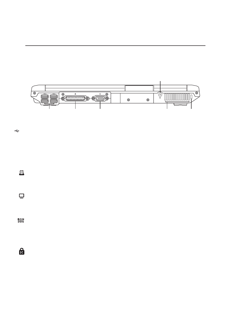 Rear side, Knowing the parts, Kensington | Lock port, Usb port (2.0/1.1), Power (dc) input, Display (monitor) output, Parallel port | Asus A3N User Manual | Page 24 / 76