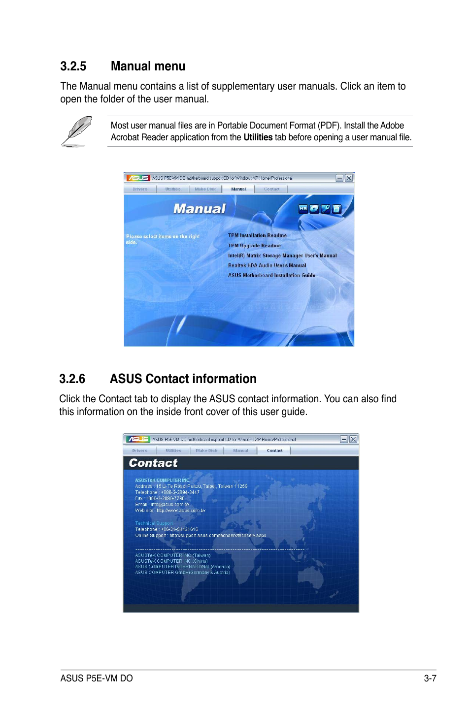 5 manual menu, 6 asus contact information | Asus P5E-VM DO User Manual | Page 101 / 104