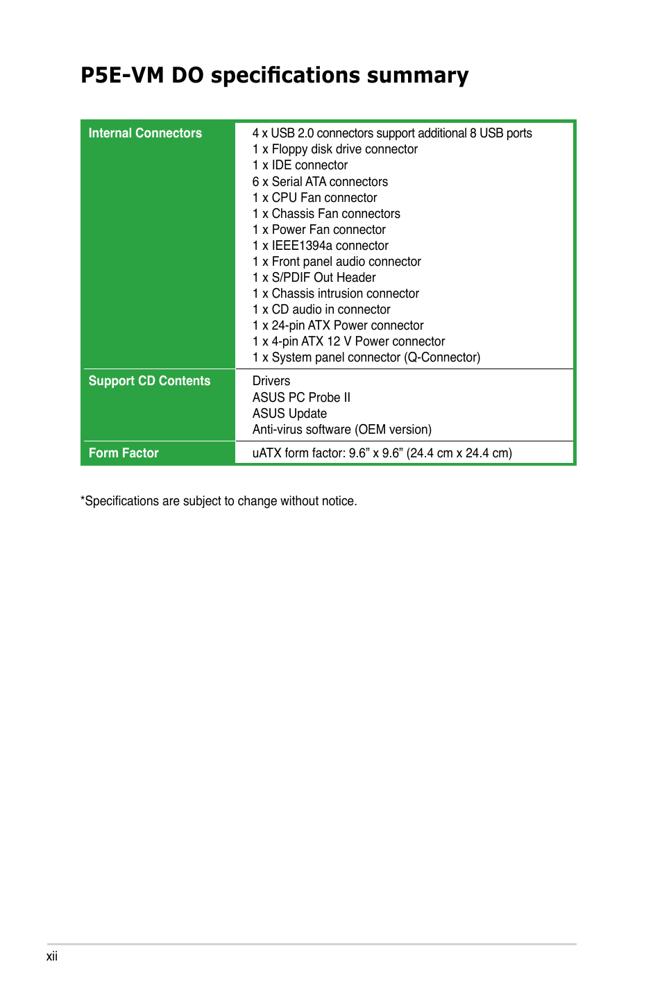 P5e-vm do specifications summary | Asus P5E-VM DO User Manual | Page 12 / 104