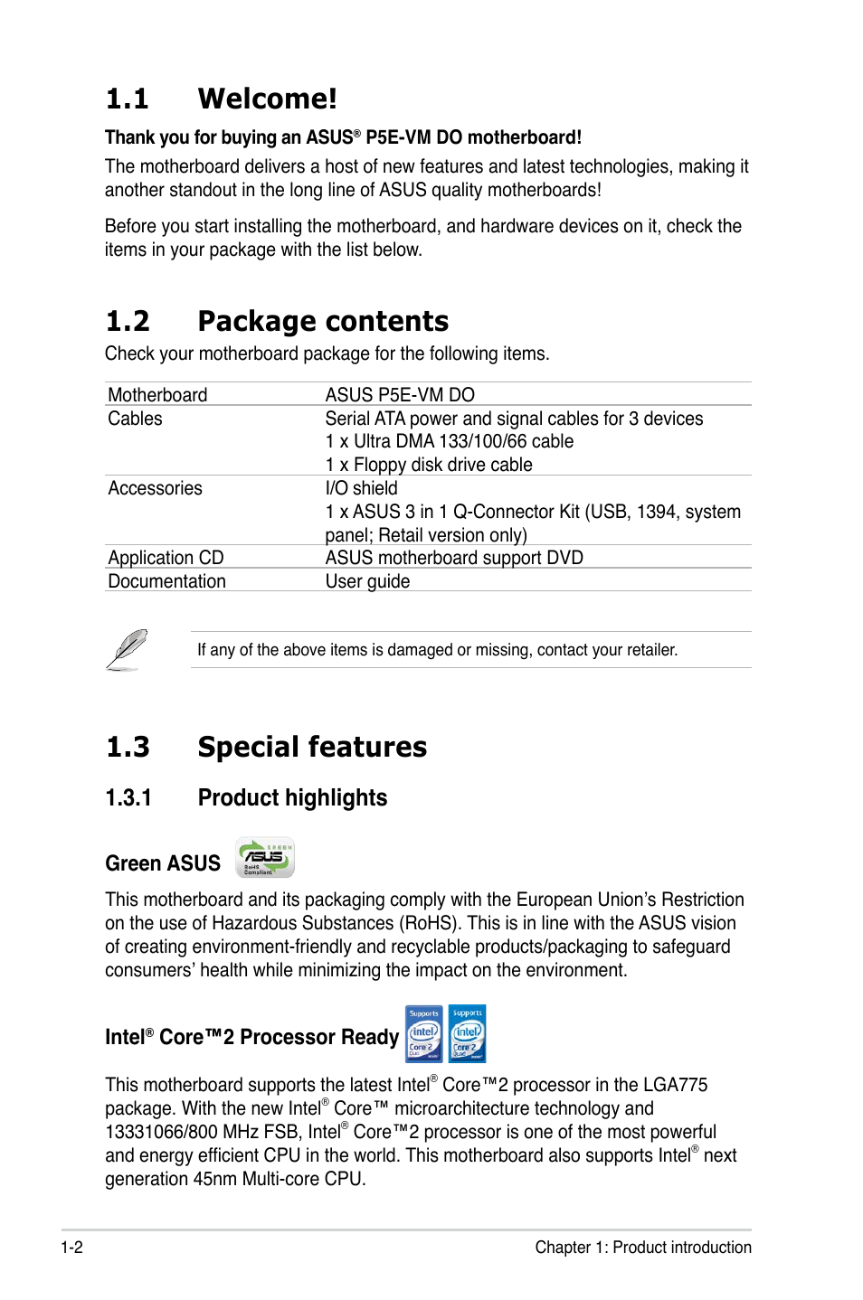 1 welcome, 2 package contents, 3 special features | 1 product highlights | Asus P5E-VM DO User Manual | Page 14 / 104