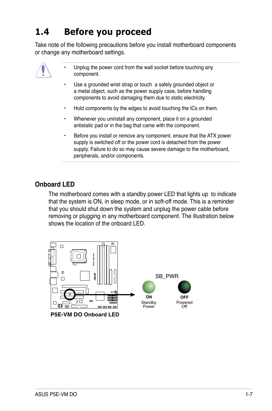 4 before you proceed, Onboard led | Asus P5E-VM DO User Manual | Page 19 / 104