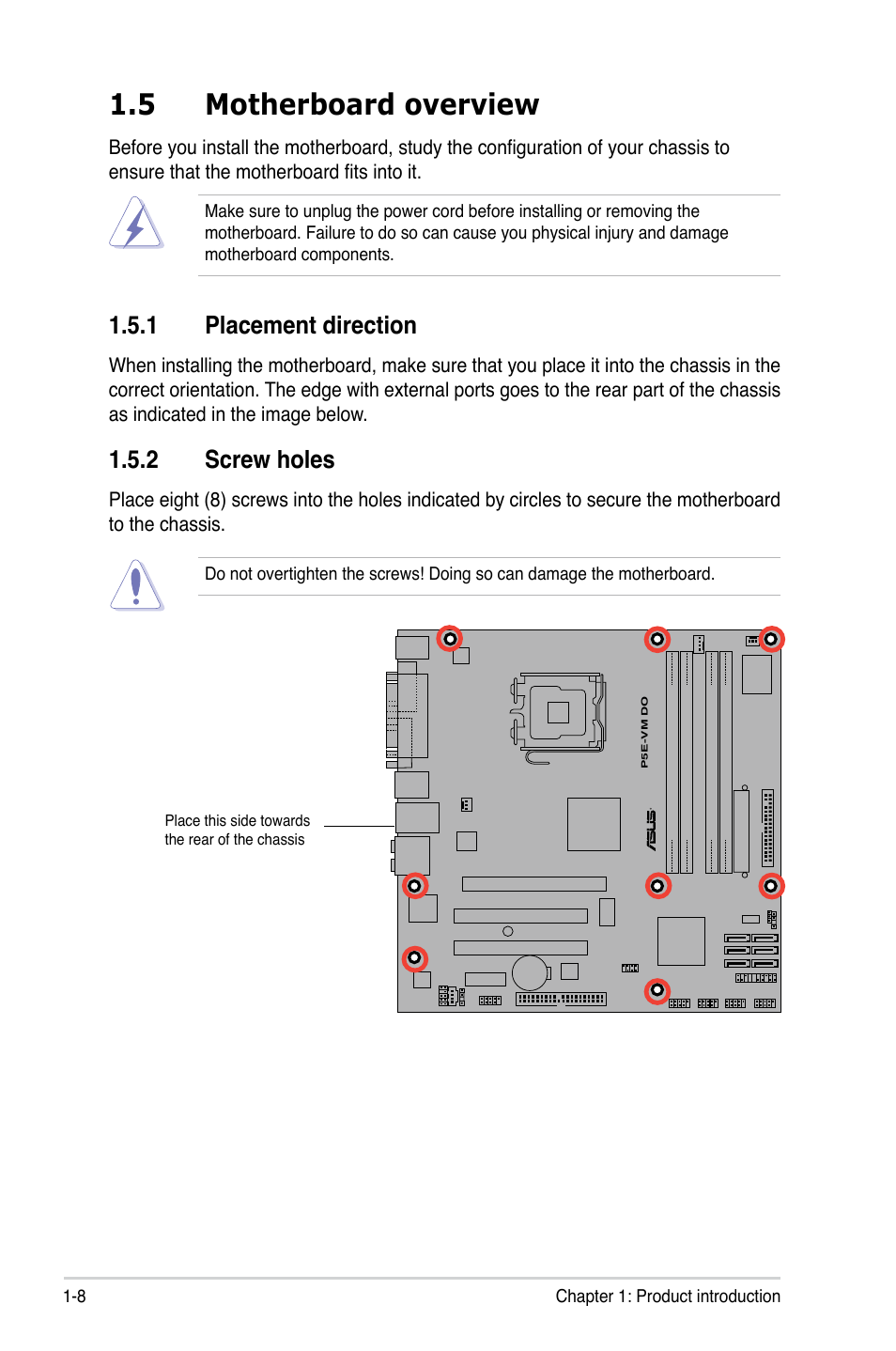 5 motherboard overview, 1 placement direction, 2 screw holes | Asus P5E-VM DO User Manual | Page 20 / 104