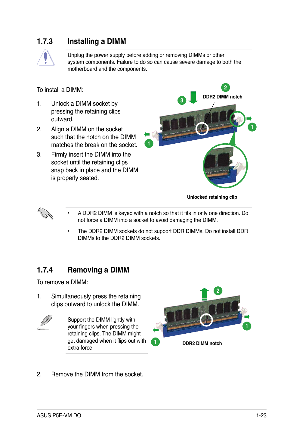 3 installing a dimm, 4 removing a dimm | Asus P5E-VM DO User Manual | Page 35 / 104