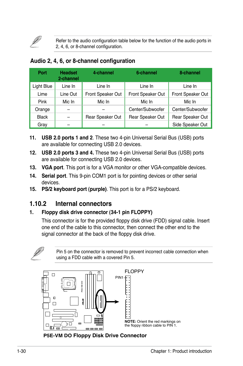 2 internal connectors, Audio 2, 4, 6, or 8-channel configuration | Asus P5E-VM DO User Manual | Page 42 / 104