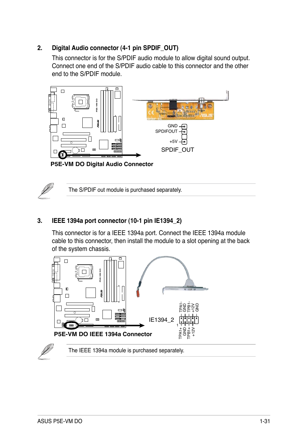 Asus p5e-vm do 1-31, The s/pdif out module is purchased separately, P5e-vm do digital audio connector | Spdif_out, The ieee 1394a module is purchased separately | Asus P5E-VM DO User Manual | Page 43 / 104