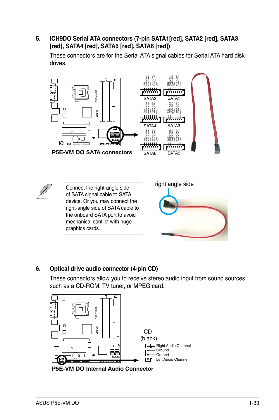 Right angle side, Asus p5e-vm do 1-33, P5e-vm do sata connectors | P5e-vm do internal audio connector cd (black), Sata1 sata2, Sata3 sata4, Sata5 sata6 | Asus P5E-VM DO User Manual | Page 45 / 104