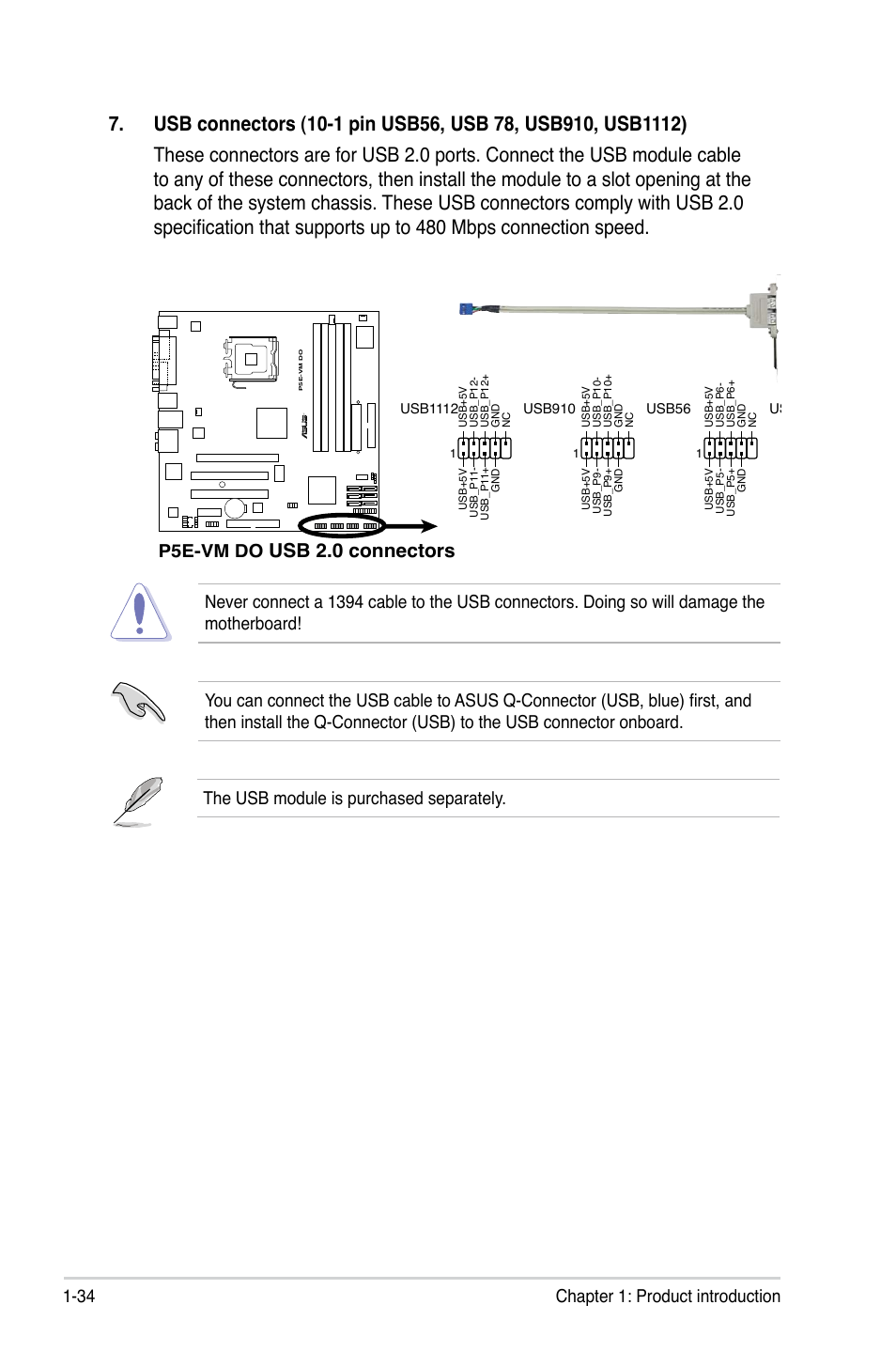 Usb 2.0 connectors, 34 chapter 1: product introduction, P5e-vm do | The usb module is purchased separately | Asus P5E-VM DO User Manual | Page 46 / 104