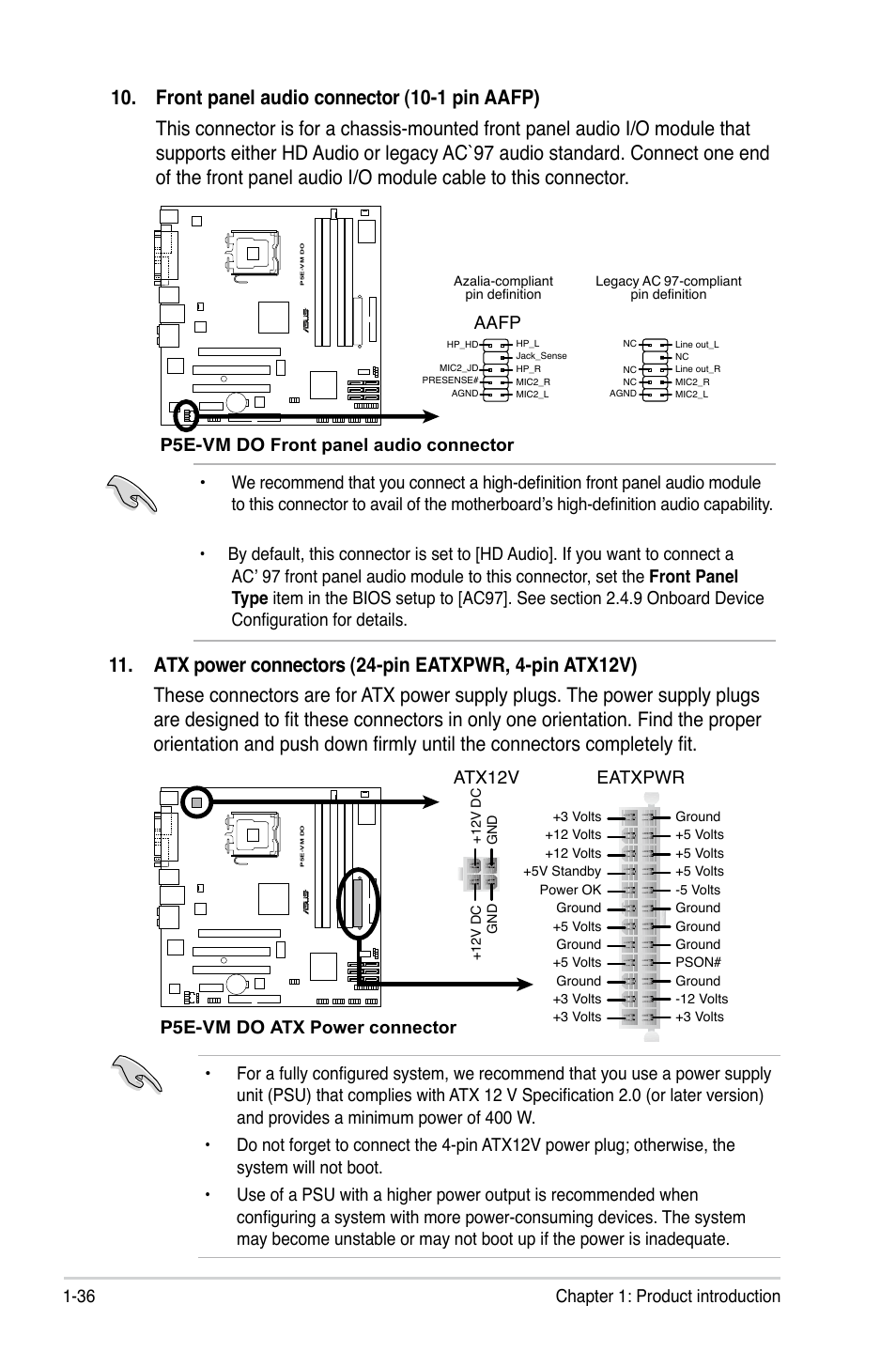 36 chapter 1: product introduction, P5e-vm do front panel audio connector, Aafp | P5e-vm do atx power connector eatxpwr, Atx12v | Asus P5E-VM DO User Manual | Page 48 / 104