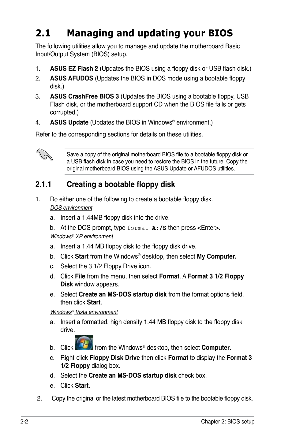 1 managing and updating your bios, 1 creating a bootable floppy disk | Asus P5E-VM DO User Manual | Page 52 / 104