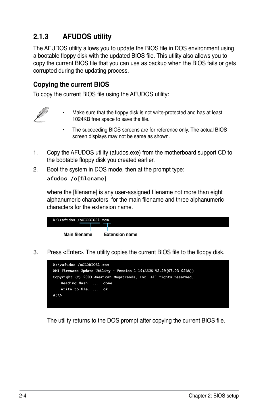 3 afudos utility, Copying the current bios | Asus P5E-VM DO User Manual | Page 54 / 104