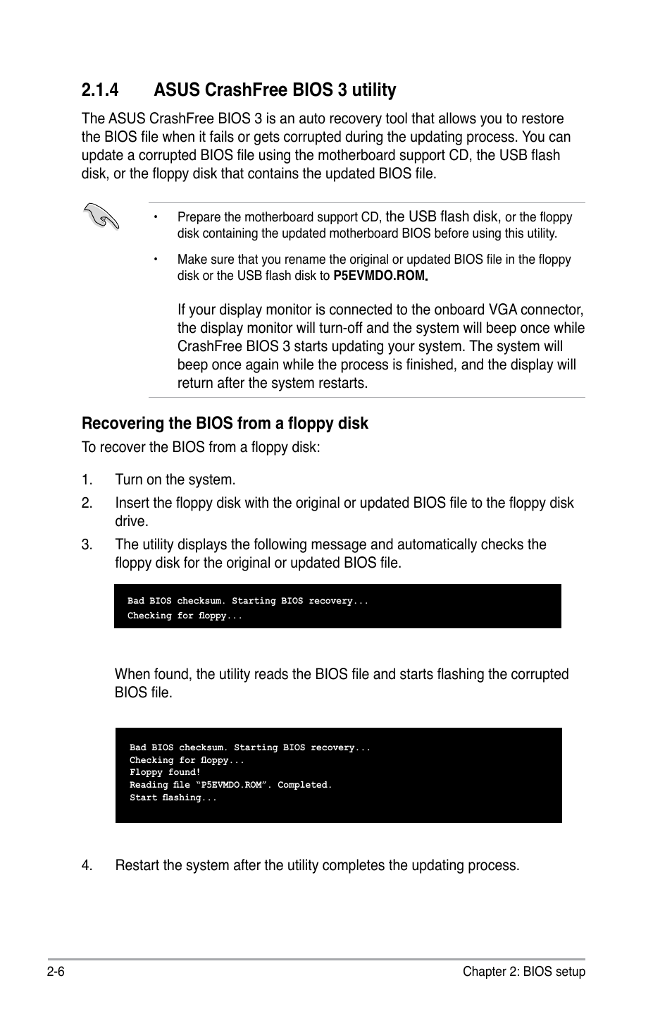 4 asus crashfree bios 3 utility, Recovering the bios from a floppy disk | Asus P5E-VM DO User Manual | Page 56 / 104