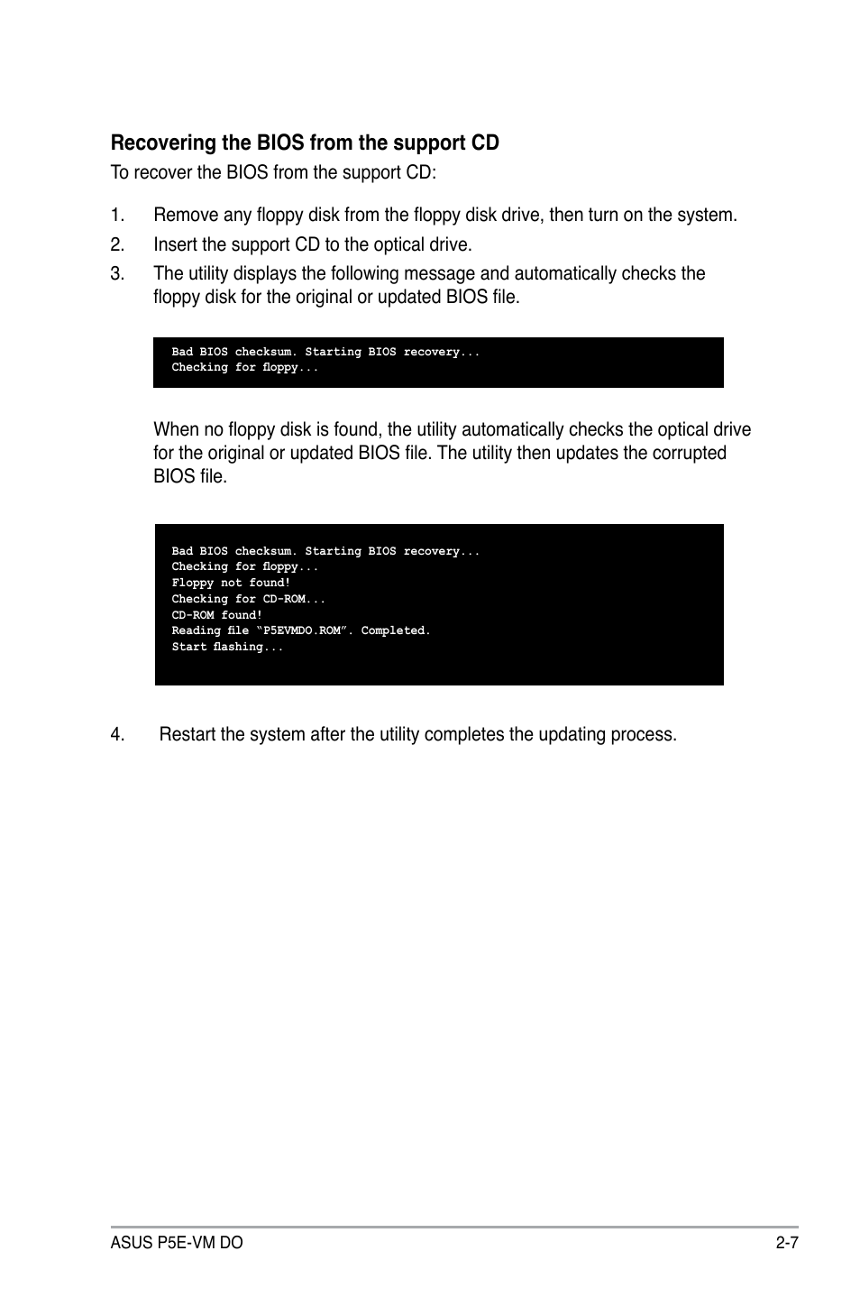 Recovering the bios from the support cd | Asus P5E-VM DO User Manual | Page 57 / 104