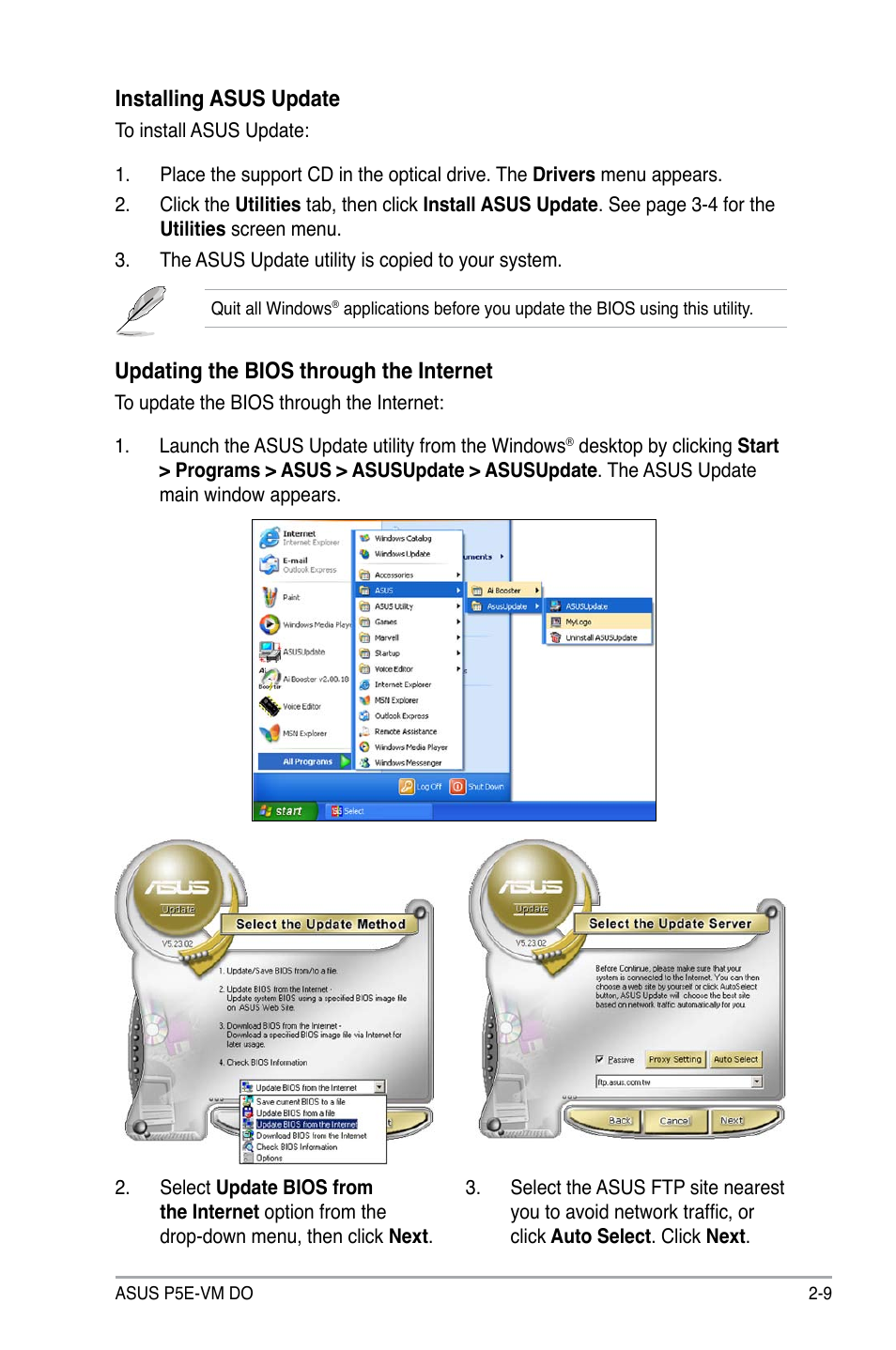 Installing asus update, Updating the bios through the internet | Asus P5E-VM DO User Manual | Page 59 / 104