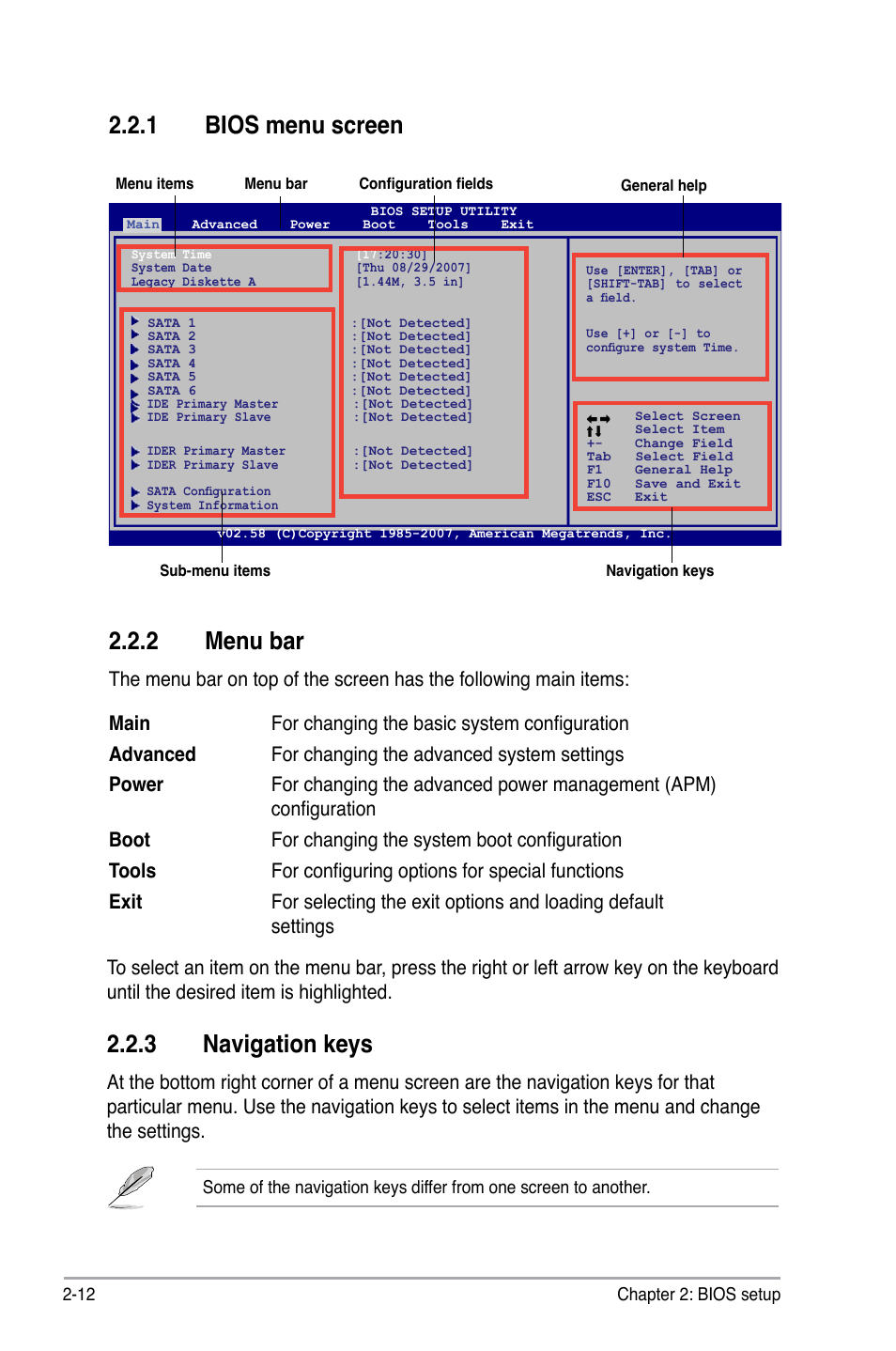 2 menu bar, 1 bios menu screen, 3 navigation keys | Asus P5E-VM DO User Manual | Page 62 / 104
