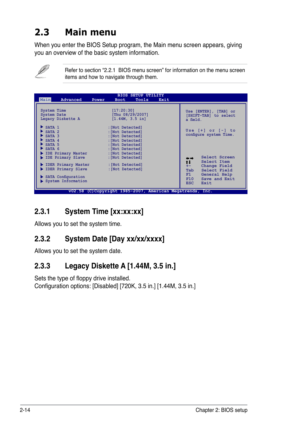 3 main menu, 1 system time [xx:xx:xx, Allows you to set the system time | Allows you to set the system date | Asus P5E-VM DO User Manual | Page 64 / 104