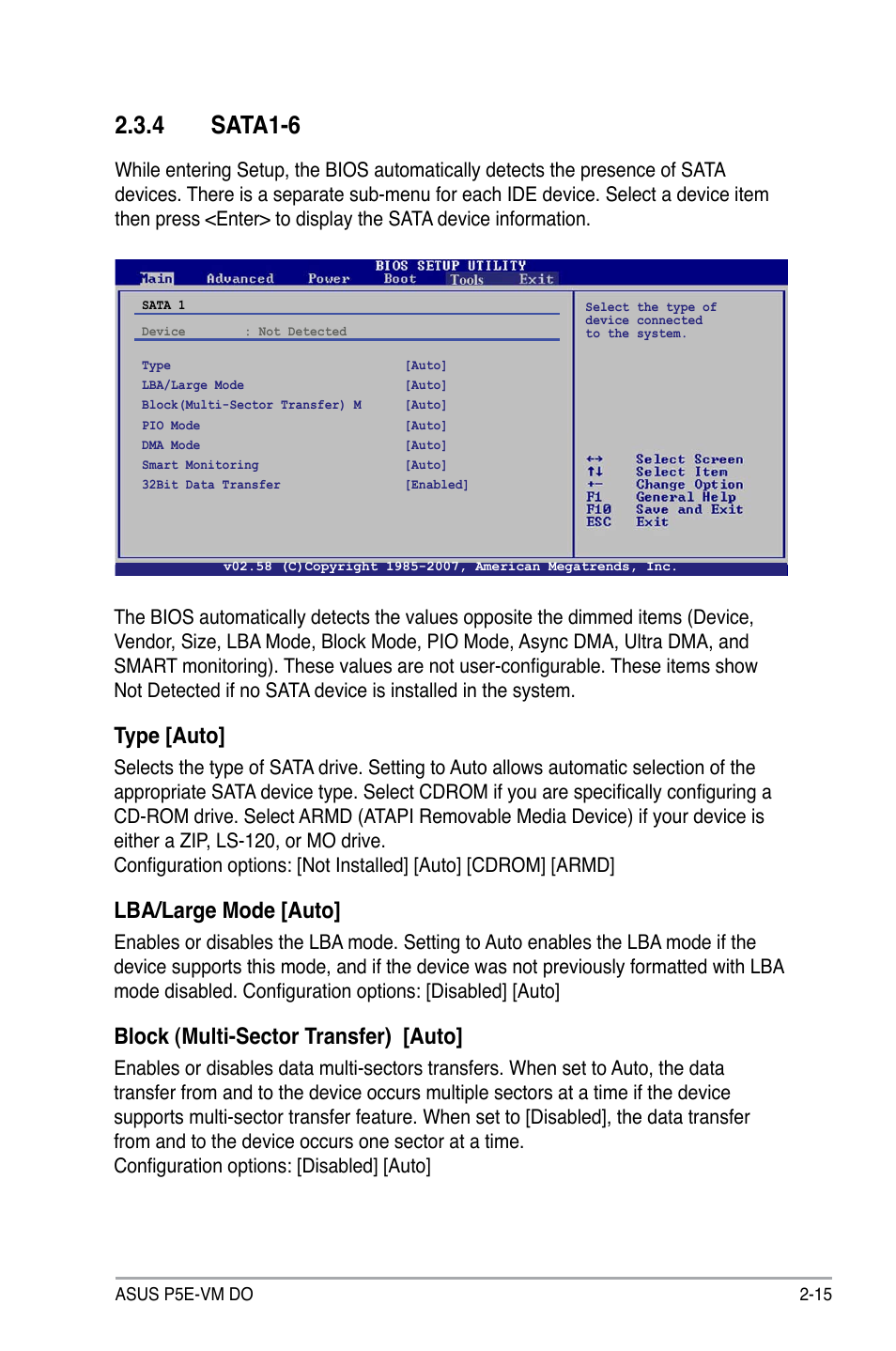 4 sata1-6, Type [auto, Lba/large mode [auto | Block (multi-sector transfer) [auto | Asus P5E-VM DO User Manual | Page 65 / 104