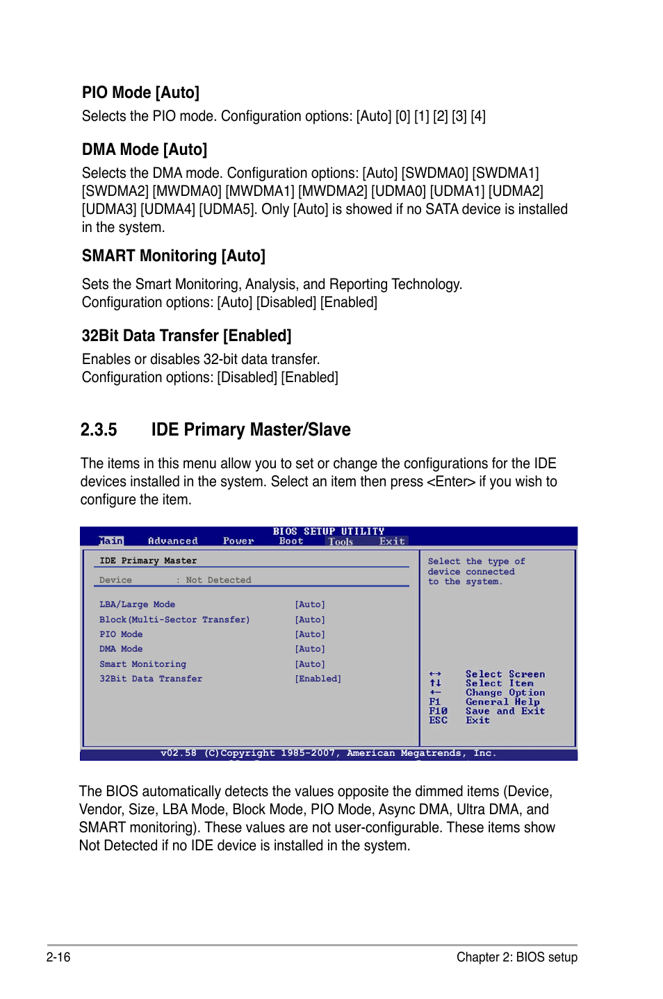 5 ide primary master/slave, Pio mode [auto, Dma mode [auto | Smart monitoring [auto, 32bit data transfer [enabled | Asus P5E-VM DO User Manual | Page 66 / 104