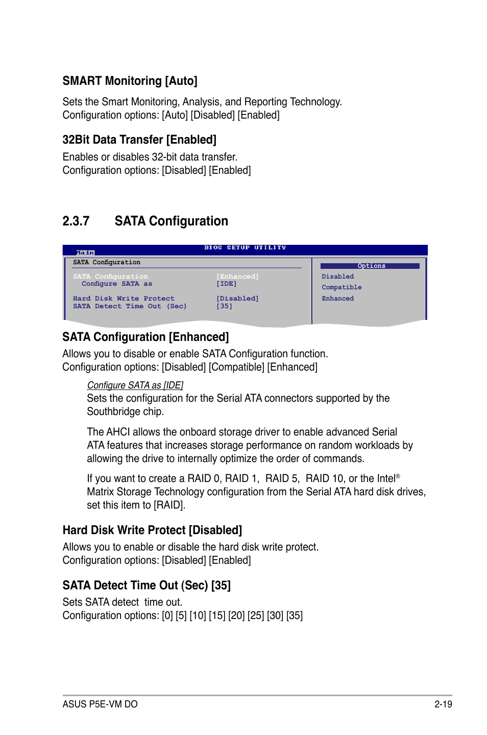 7 sata configuration, Sata configuration [enhanced, Smart monitoring [auto | 32bit data transfer [enabled, Hard disk write protect [disabled, Sata detect time out (sec) [35 | Asus P5E-VM DO User Manual | Page 69 / 104