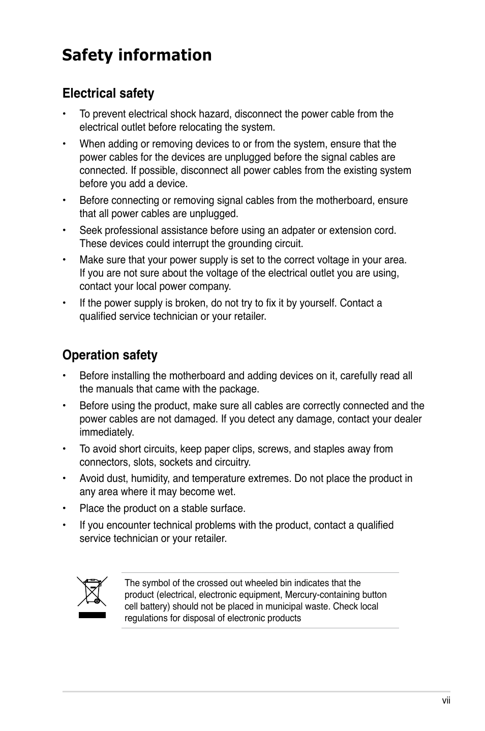 Safety information, Electrical safety, Operation safety | Asus P5E-VM DO User Manual | Page 7 / 104