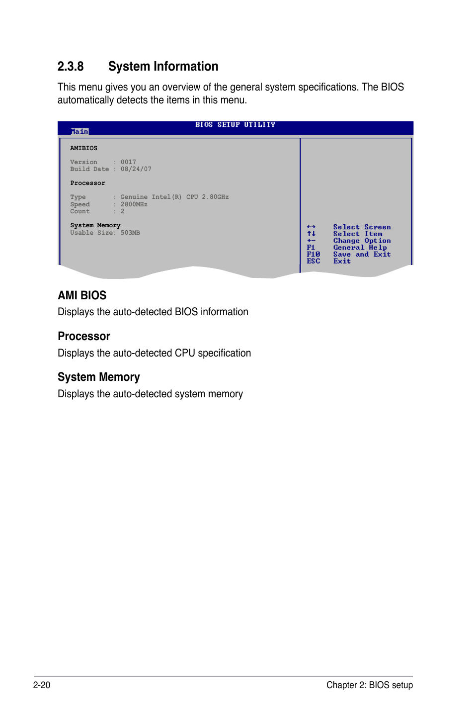 8 system information, Ami bios, Processor | Asus P5E-VM DO User Manual | Page 70 / 104