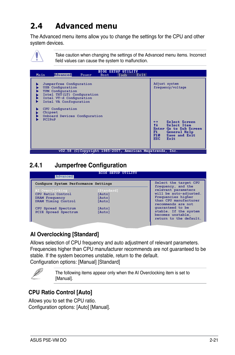 4 advanced menu, 1 jumperfree configuration, Ai overclocking [standard | Cpu ratio control [auto | Asus P5E-VM DO User Manual | Page 71 / 104