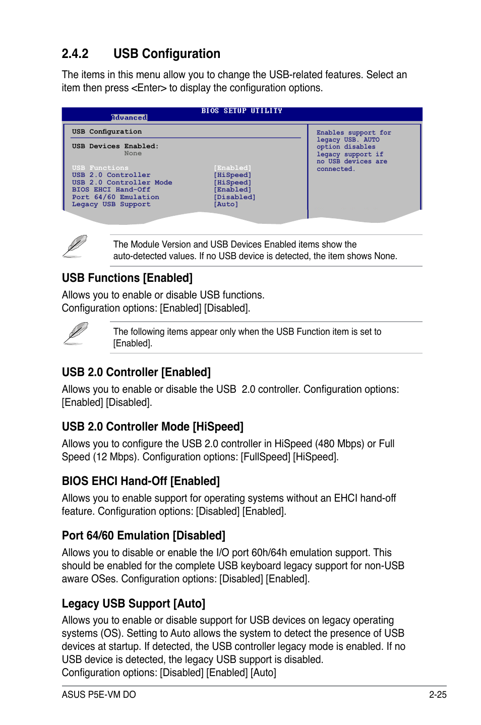 2 usb configuration, Usb functions [enabled, Usb 2.0 controller [enabled | Usb 2.0 controller mode [hispeed, Bios ehci hand-off [enabled, Port 64/60 emulation [disabled, Legacy usb support [auto | Asus P5E-VM DO User Manual | Page 75 / 104