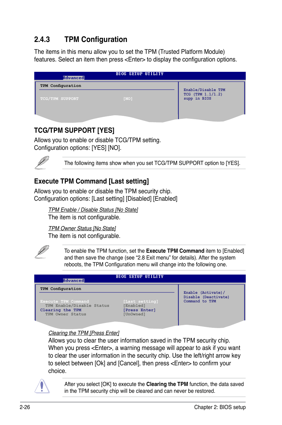 3 tpm configuration, Tcg/tpm support [yes, Execute tpm command [last setting | Asus P5E-VM DO User Manual | Page 76 / 104