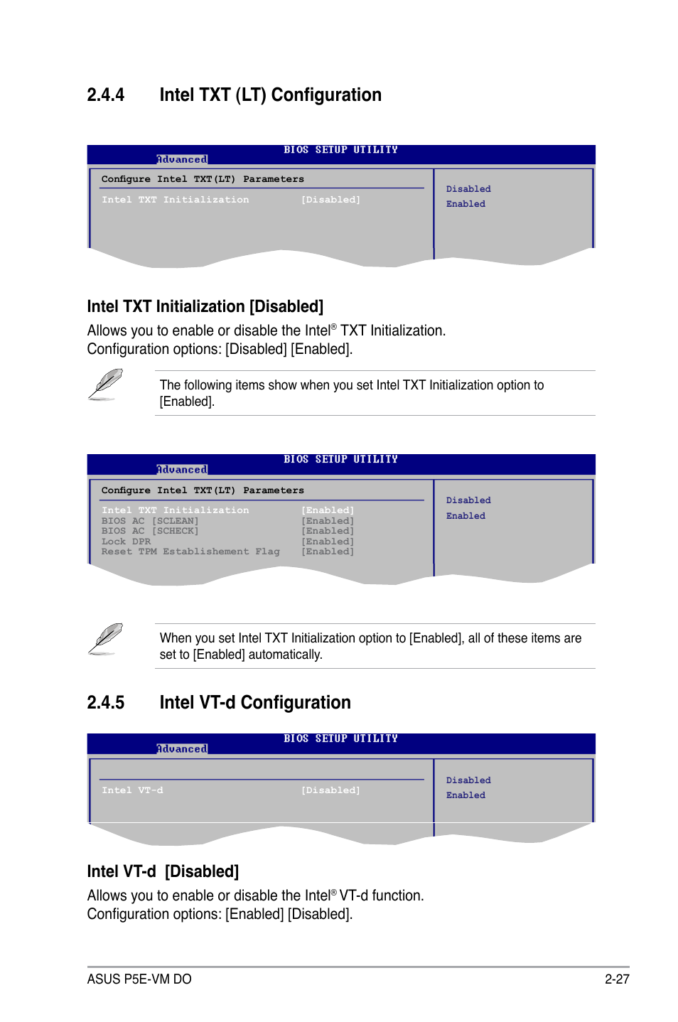 5 intel vt-d configuration, 4 intel txt (lt) configuration, Intel txt initialization [disabled | Intel vt-d [disabled | Asus P5E-VM DO User Manual | Page 77 / 104