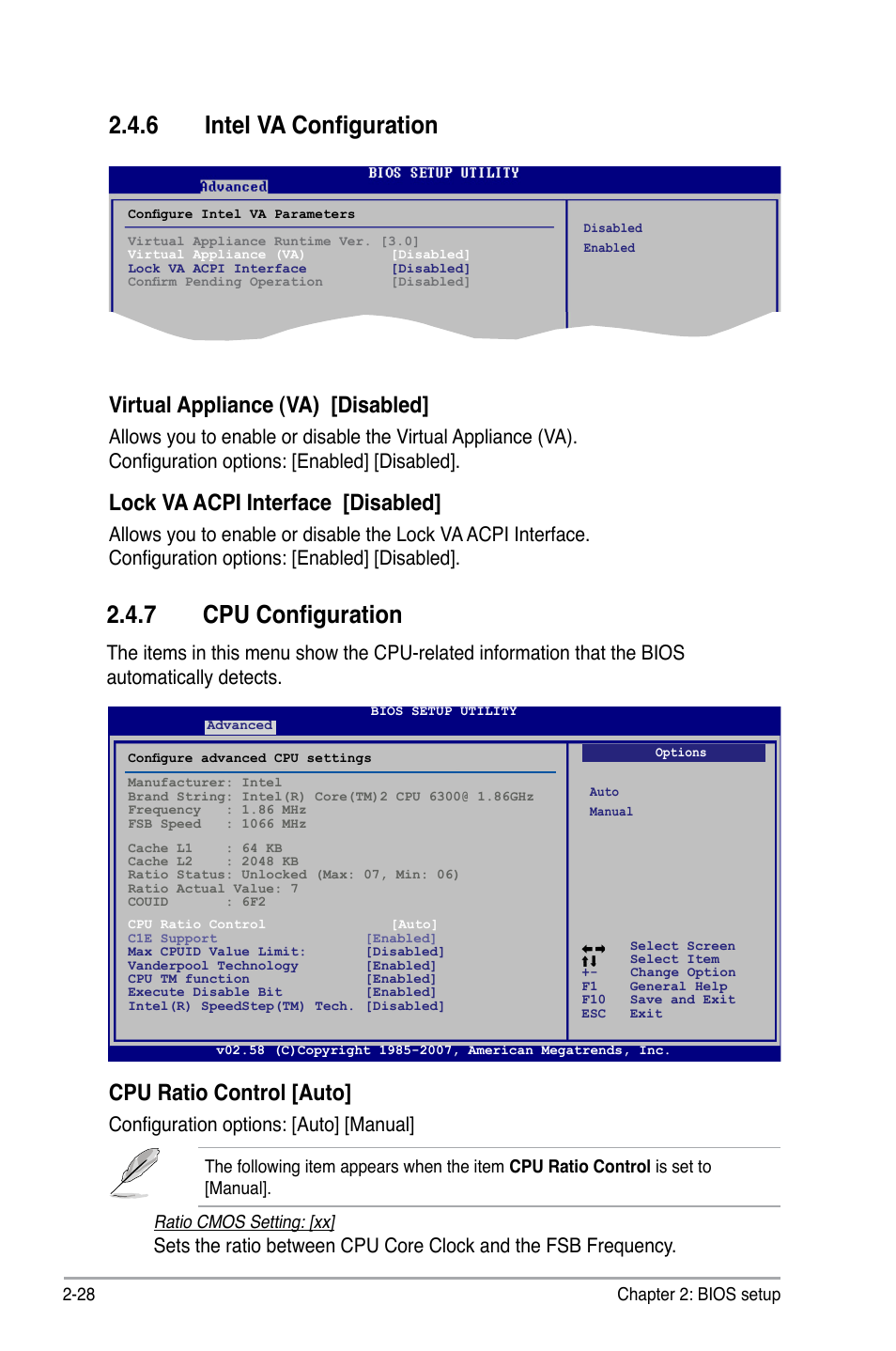 7 cpu configuration, 6 intel va configuration, Cpu ratio control [auto | Virtual appliance (va) [disabled, Lock va acpi interface [disabled, Configuration options: [auto] [manual | Asus P5E-VM DO User Manual | Page 78 / 104