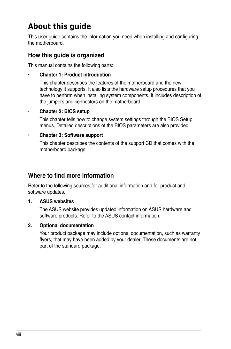 About this guide, How this guide is organized, Where to find more information | Asus P5E-VM DO User Manual | Page 8 / 104