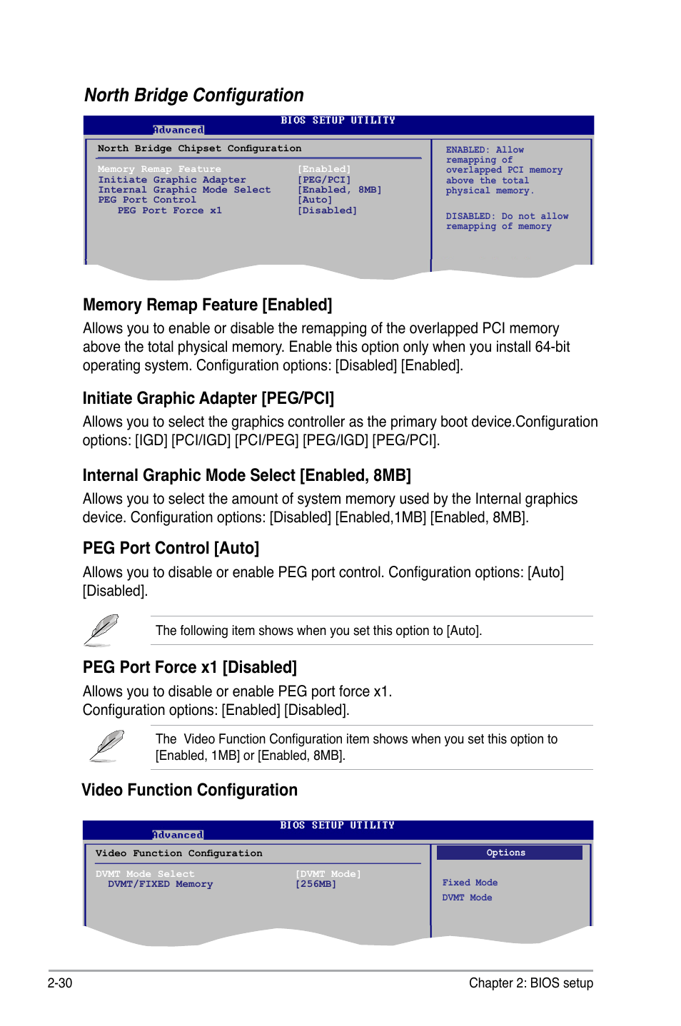 North bridge configuration, Video function configuration, Peg port control [auto | Peg port force x1 [disabled, Initiate graphic adapter [peg/pci, Internal graphic mode select [enabled, 8mb | Asus P5E-VM DO User Manual | Page 80 / 104