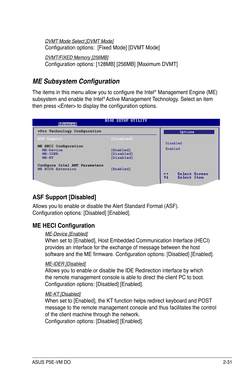 Me subsystem configuration, Asf support [disabled, Me heci configuration | Asus P5E-VM DO User Manual | Page 81 / 104