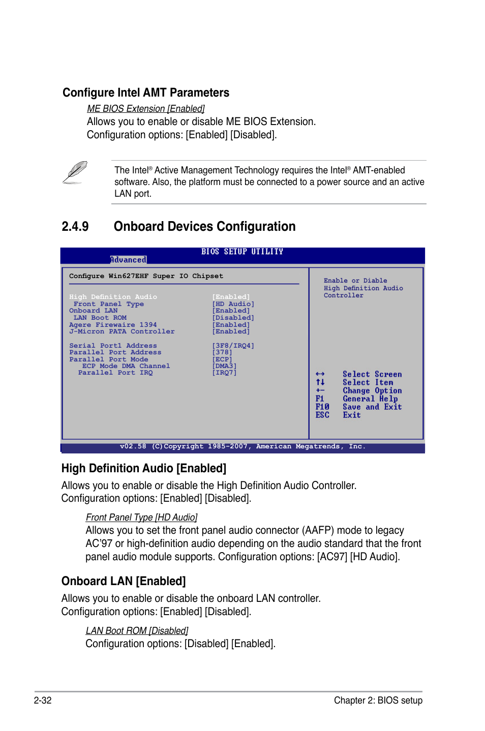 9 onboard devices configuration, High definition audio [enabled, Onboard lan [enabled | Configure intel amt parameters, Configuration options: [disabled] [enabled | Asus P5E-VM DO User Manual | Page 82 / 104