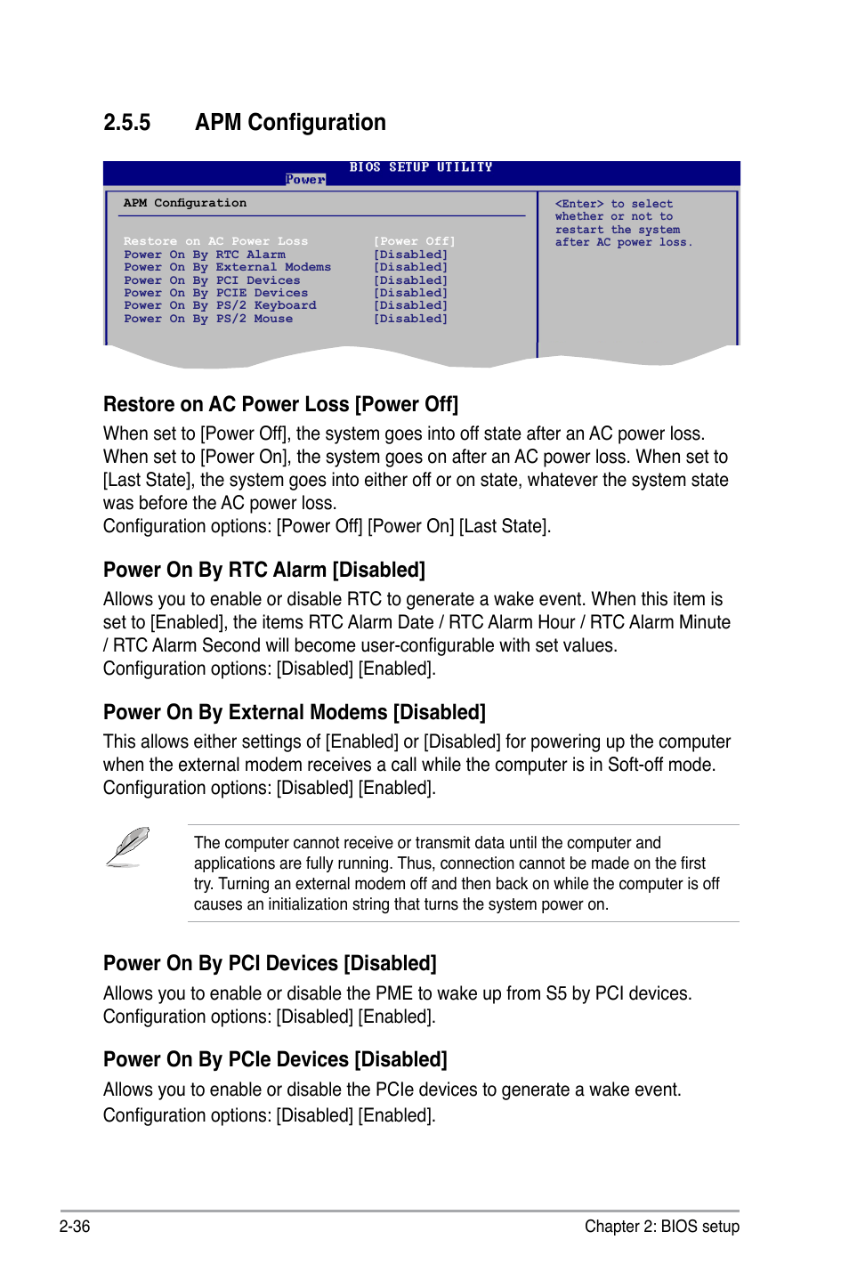 5 apm configuration, Restore on ac power loss [power off, Power on by rtc alarm [disabled | Power on by external modems [disabled, Power on by pci devices [disabled, Power on by pcie devices [disabled | Asus P5E-VM DO User Manual | Page 86 / 104