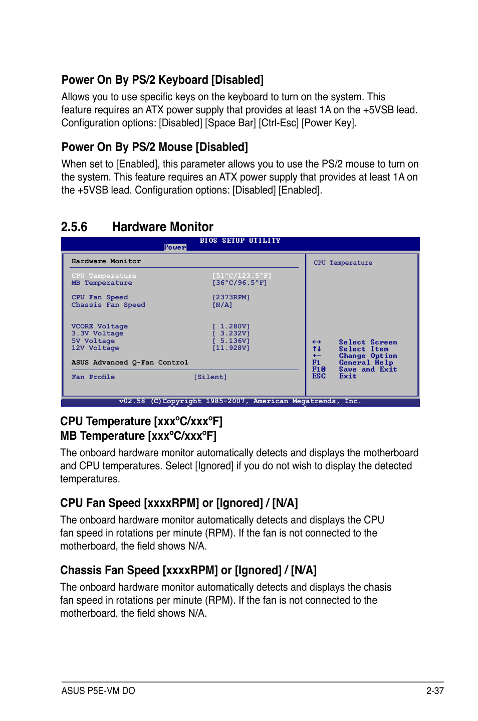 6 hardware monitor, Power on by ps/2 keyboard [disabled, Power on by ps/2 mouse [disabled | Asus P5E-VM DO User Manual | Page 87 / 104