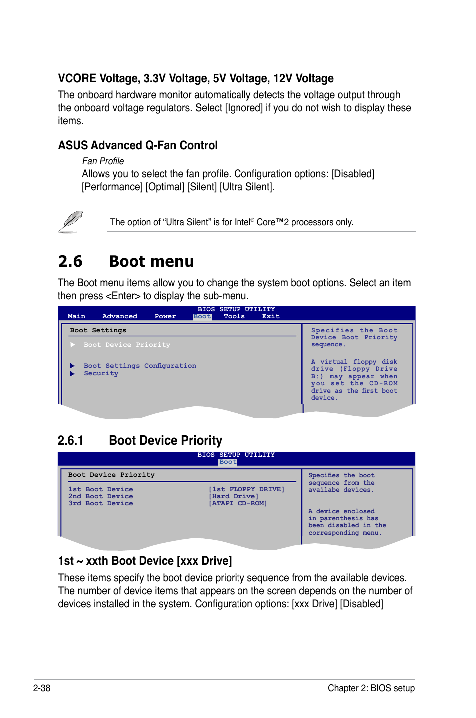 6 boot menu, 1 boot device priority, Asus advanced q-fan control | 1st ~ xxth boot device [xxx drive | Asus P5E-VM DO User Manual | Page 88 / 104