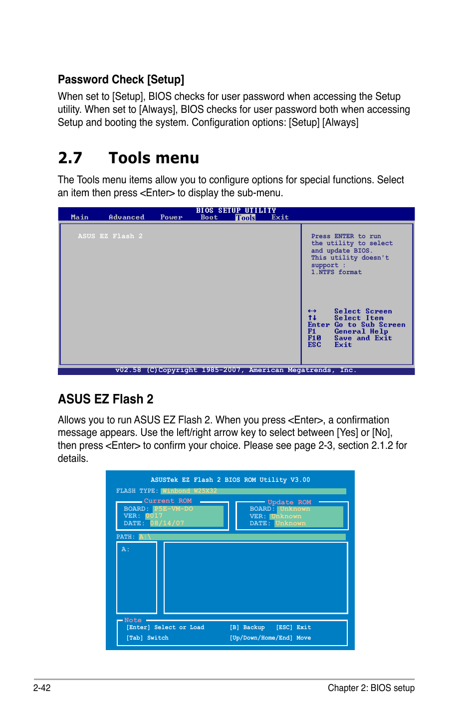 7 tools menu, Asus ez flash 2, Password check [setup | Asus P5E-VM DO User Manual | Page 92 / 104