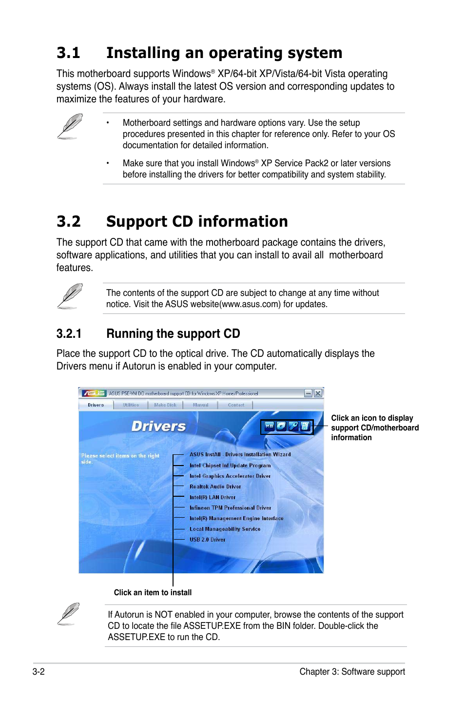 1 installing an operating system, 2 support cd information, 1 running the support cd | Asus P5E-VM DO User Manual | Page 96 / 104